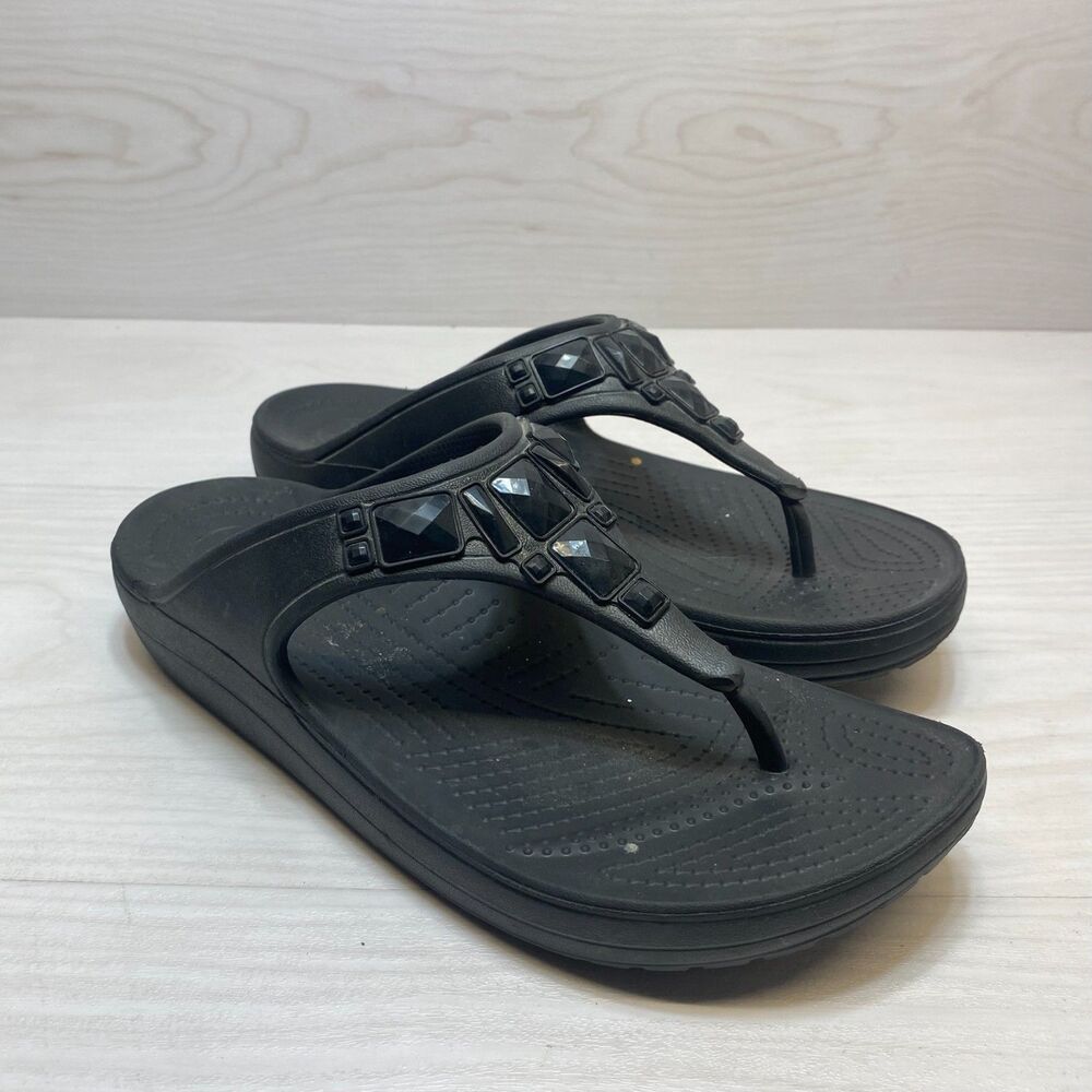 Crocs Sloane Flip Flop Thong Sandals Women's Size 11 Black Embellished Slip On